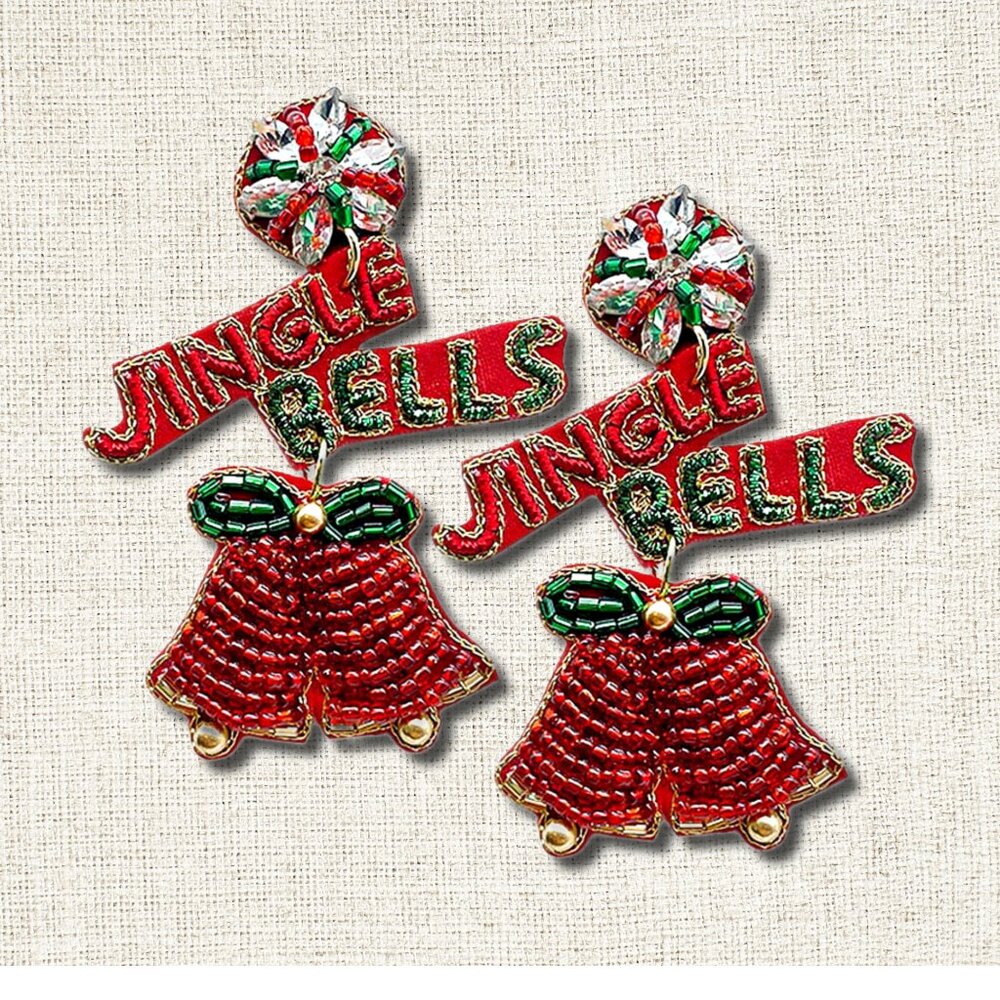 Seed Sparkle Beaded Jingle Bells Theme Christmas Dangle Earrings